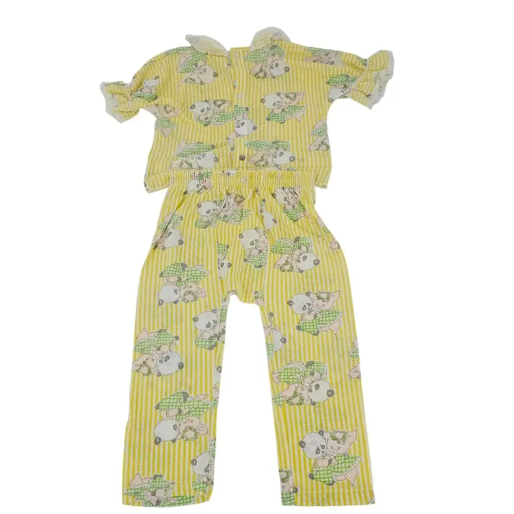 Vintage 70s Carter's Yellow Panda Pinstripe Pajama 2 Piece Sleepwear Girl 4 4037